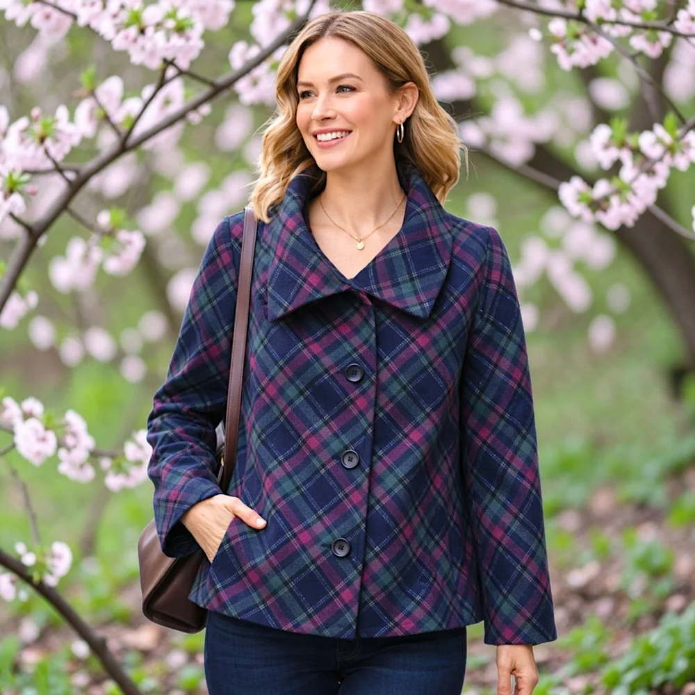 Talbots Plaid Wool Blend Jacket 18W Pea Coat Pocket Swing Lined Oversized Collar - Picture 14 of 16